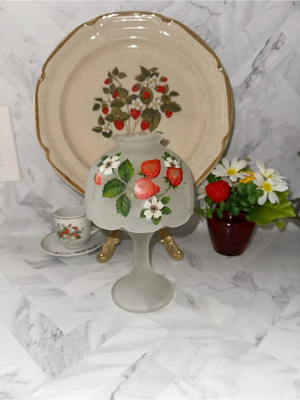 Avon Red Glass Jar with Yellow and White Faux Floral Mix
